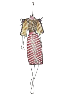 Dessin d'une robe jaune avec des manches à nouer et une jupe rayée rouge et blanche